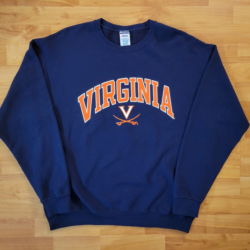Virginia Jerzees Navy Orange Spellout Pullover Crewneck Sweater Soft Men's Large